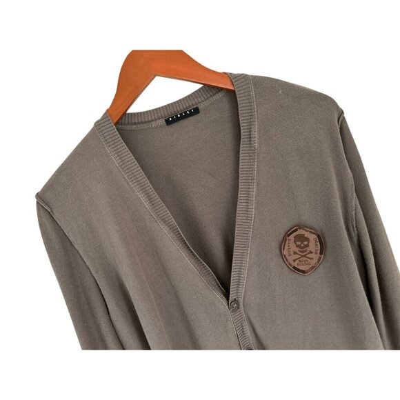 Sisley Mens Brown V-Neck Button-Up Cardigan Sweater With Scull Patch Logo - Picture 2 of 10